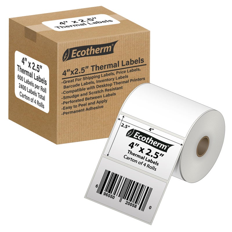 Ecotherm 4"" x 2.5"" Thermal Labels | 4 Rolls | 2400 Labels | fits Zebra, Munbyn, Rollo, Godex, Arkscan, iDPRT, Offnova Thermal Label Printers and More | Blank White Adhesive Stickers by Ecotherm - Image 1